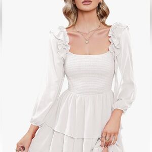 Byinns Women’s White Smocked Square Neck Ruffled Tiered Skirt Mini Dress XXL NWT